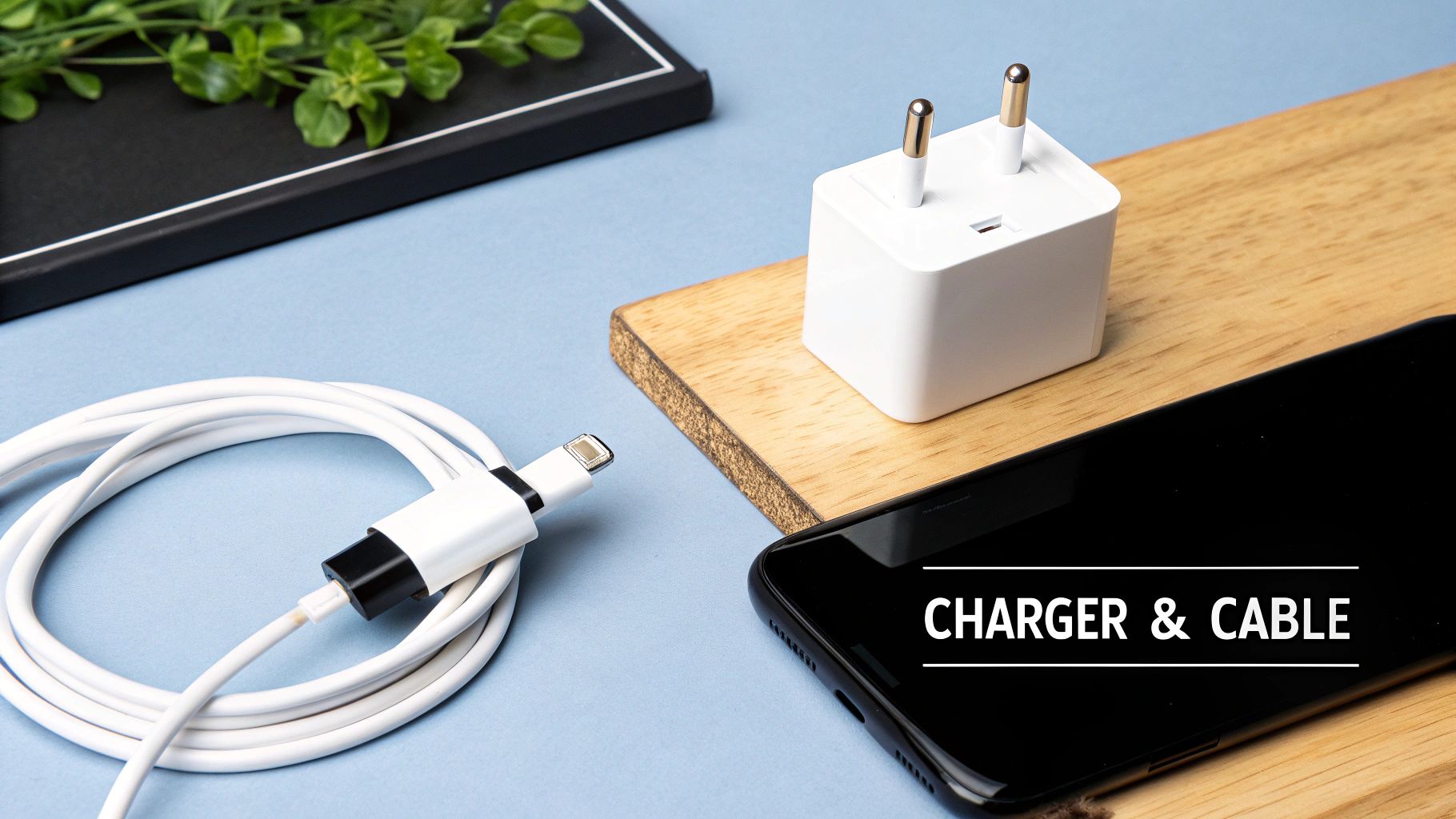 A person connecting a charging cable to a power adapter plugged into an outlet.