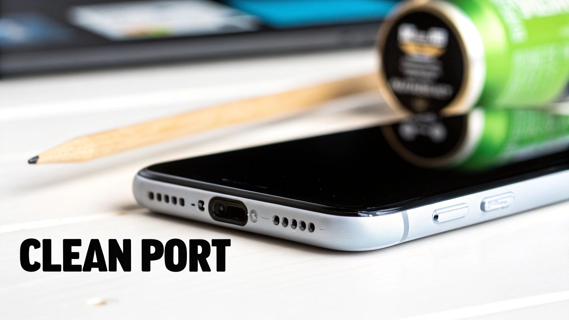 A person using a wooden toothpick to gently clean out a smartphone's charging port