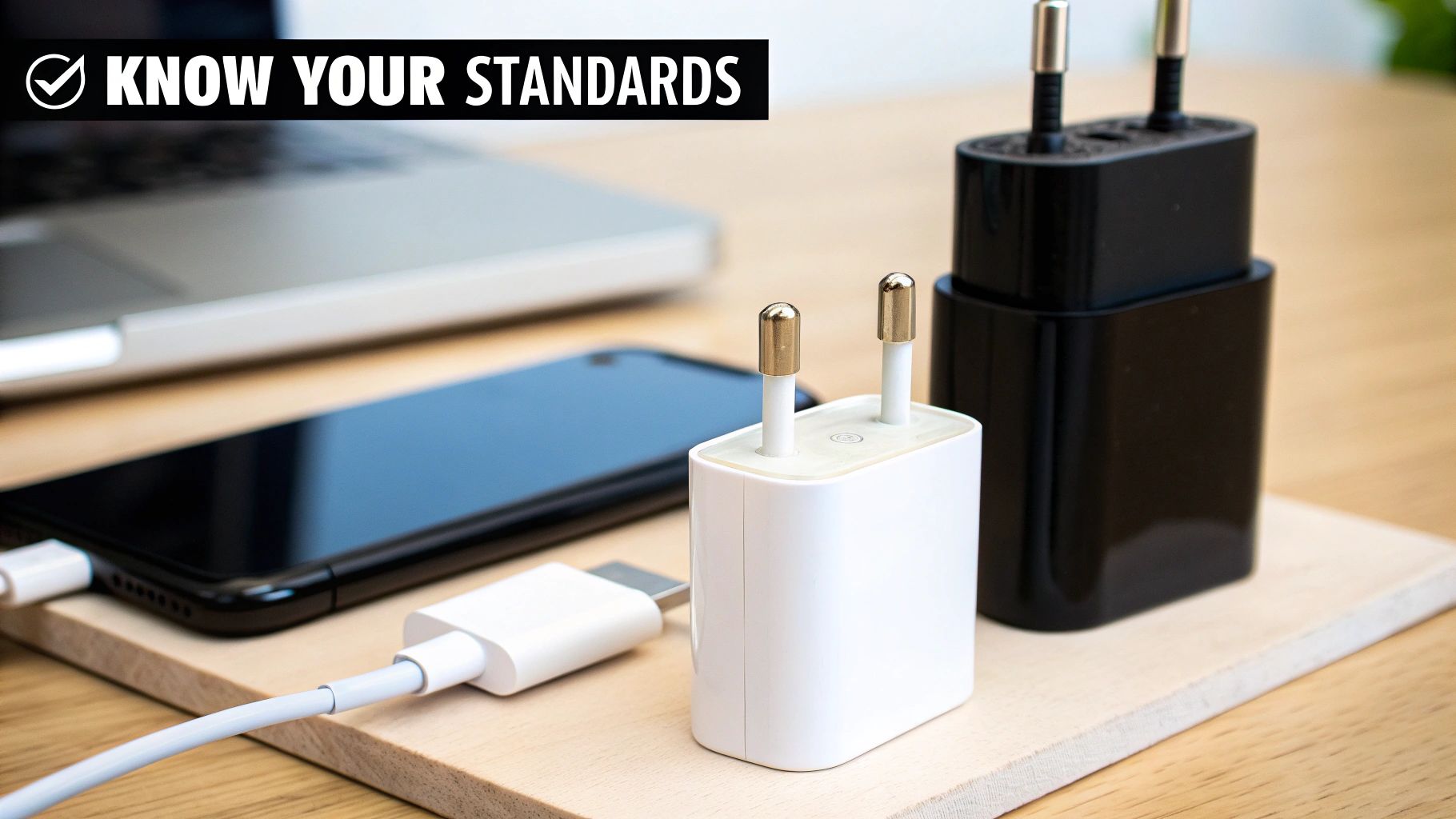 Various charging cables and ports with logos like USB-C and Lightning