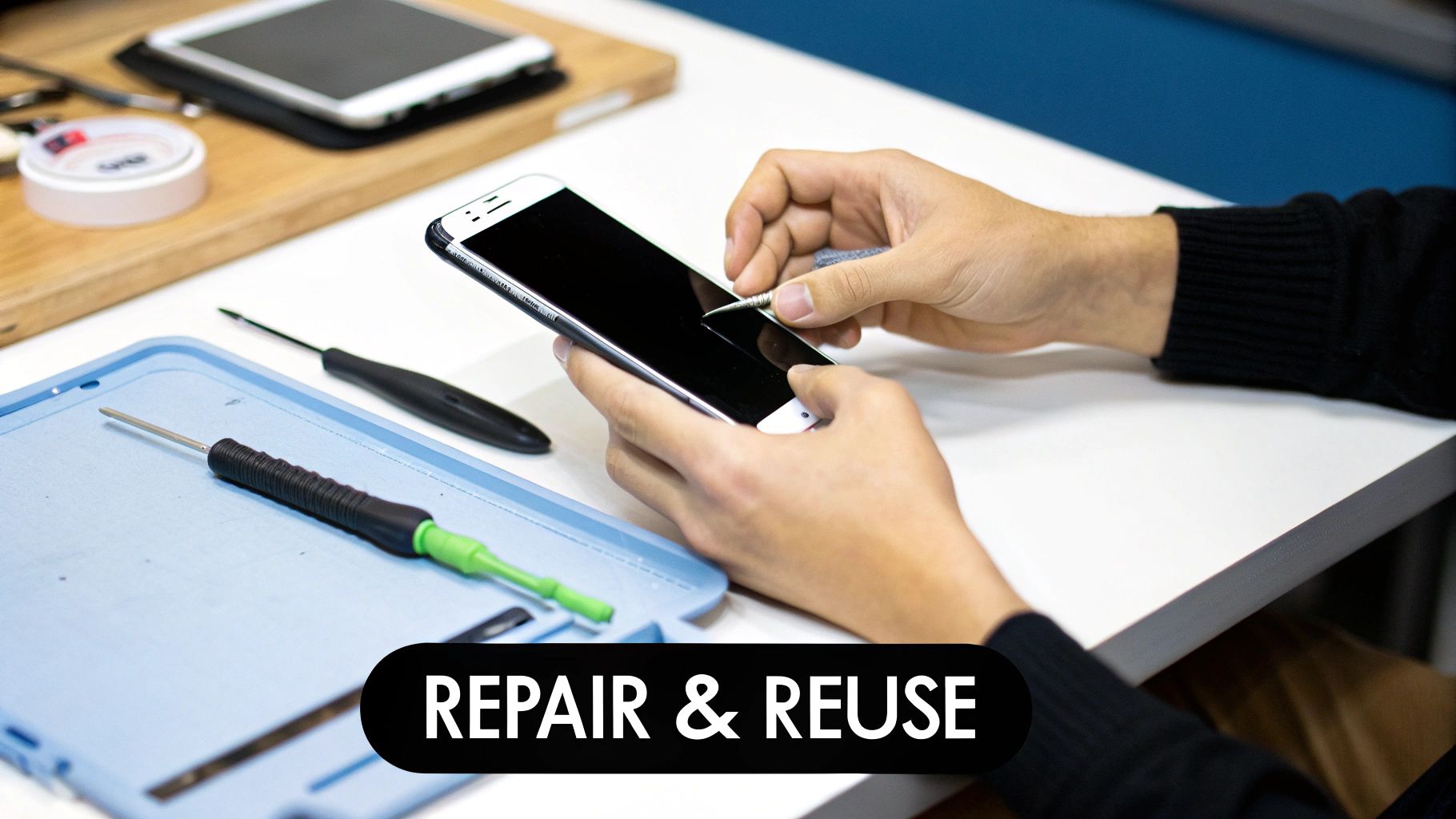 A person's hands carefully repairing the inside of a smartphone with small tools.