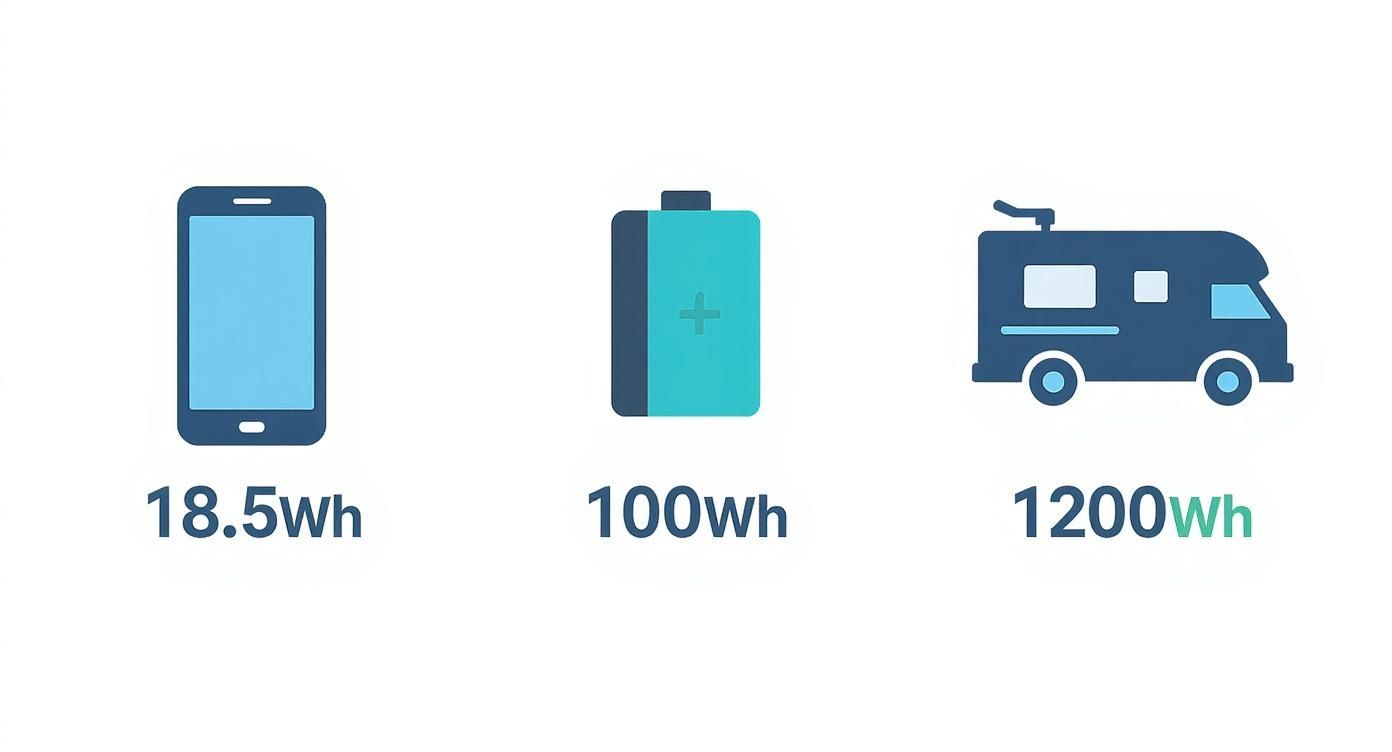 Infographic showing the watt-hour capacity of a smartphone, power bank, and RV battery.