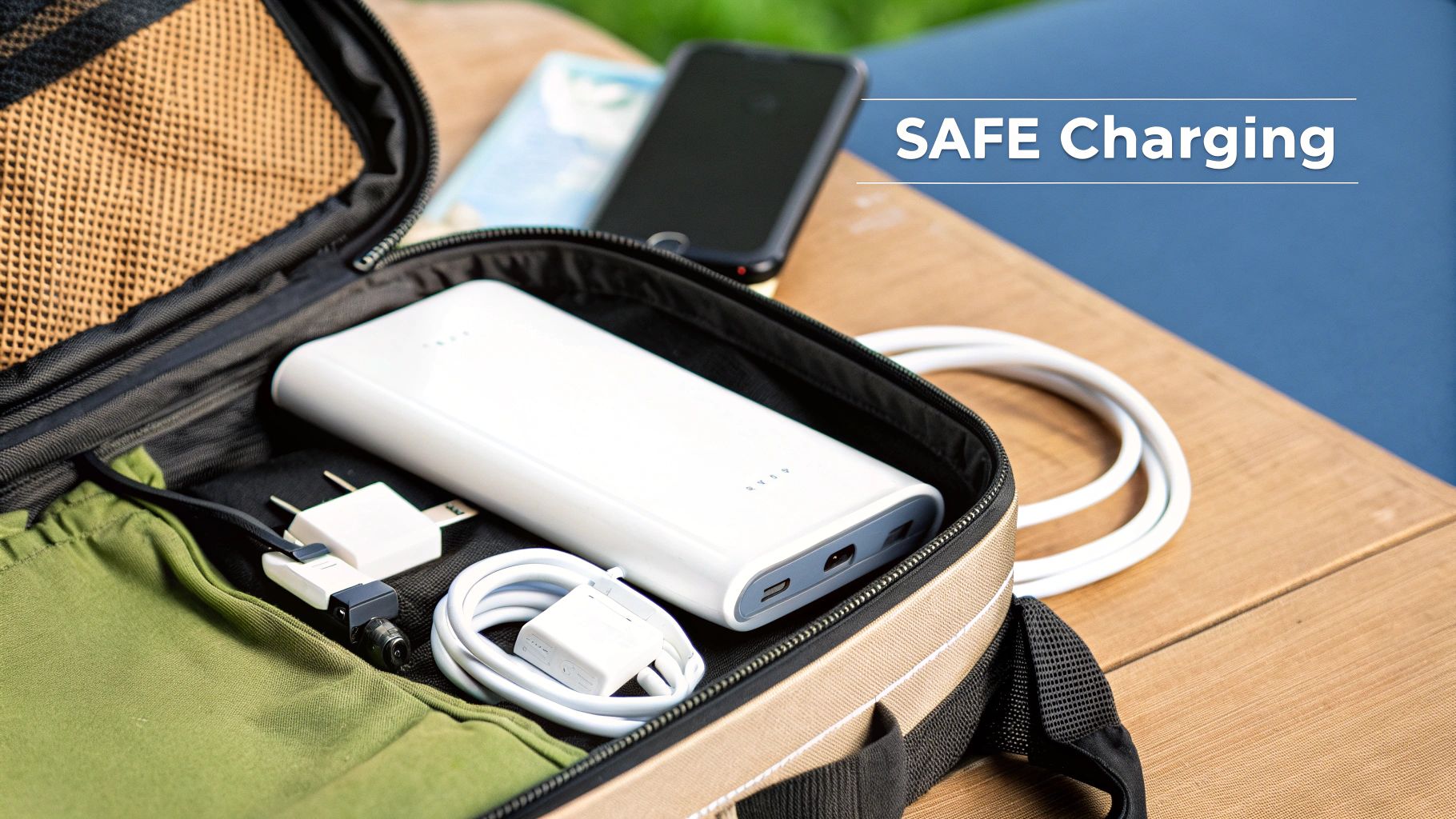 A person safely packing a power bank into their carry-on luggage for a flight.