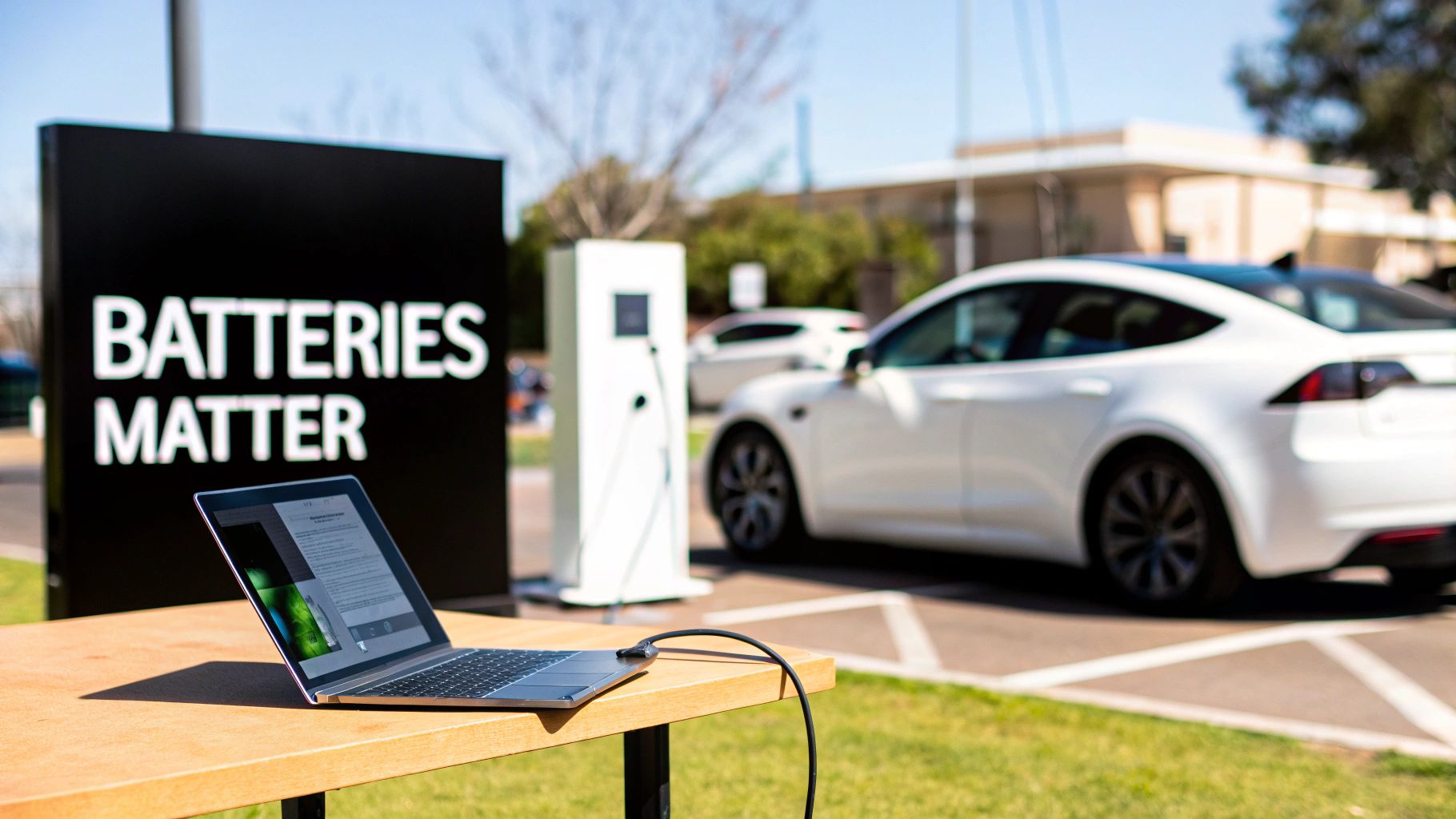 An aerial view of an electric car driving on a scenic road, highlighting the importance of battery health in modern technology.
