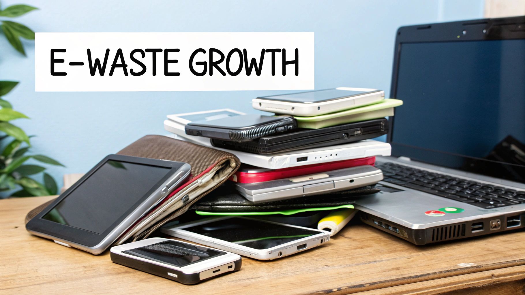 A large pile of discarded electronic devices, including computers, monitors, and keyboards, highlighting the e-waste problem.