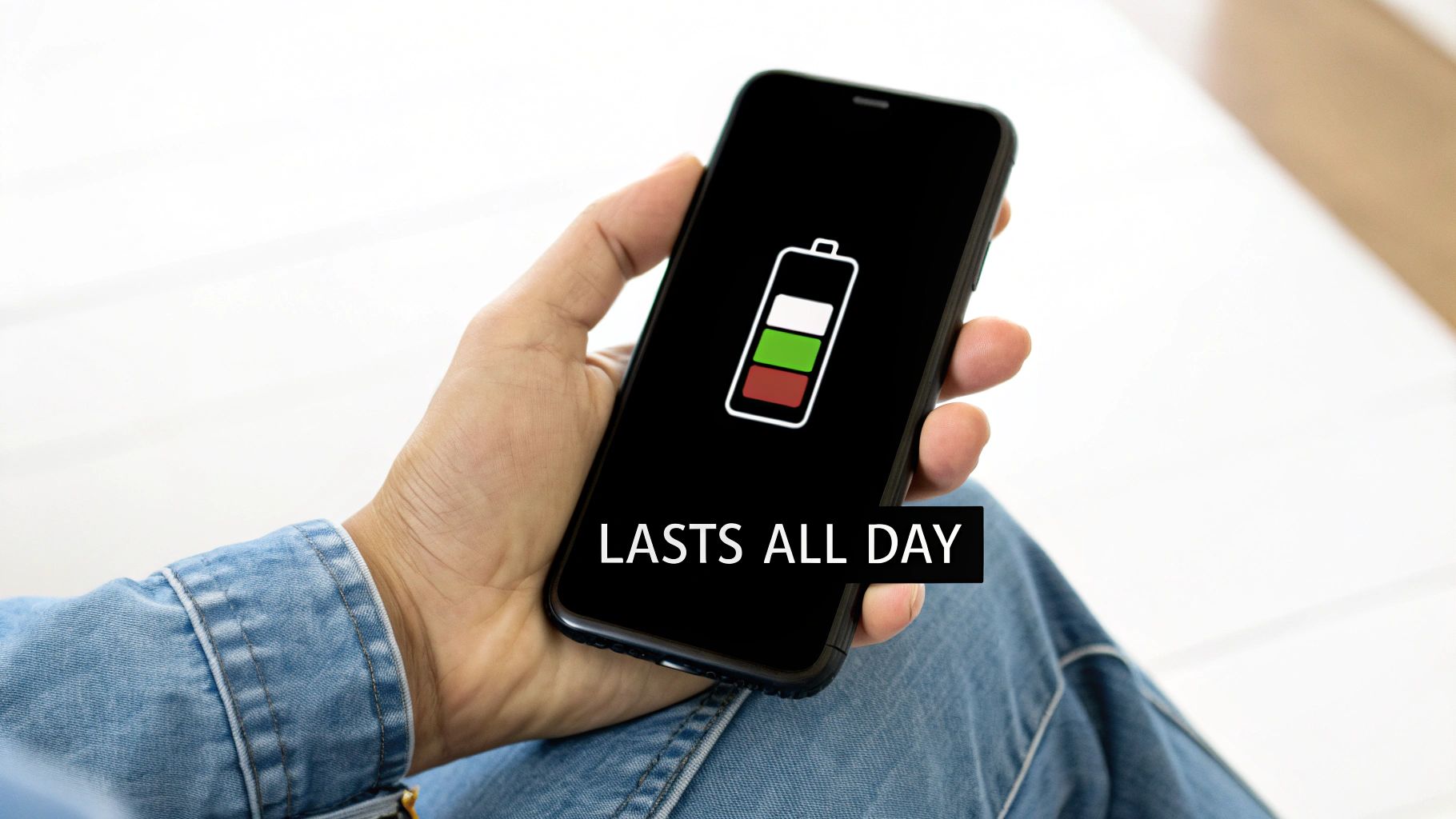 A person holding a smartphone that displays a battery icon with a plus sign, symbolizing extended battery life.