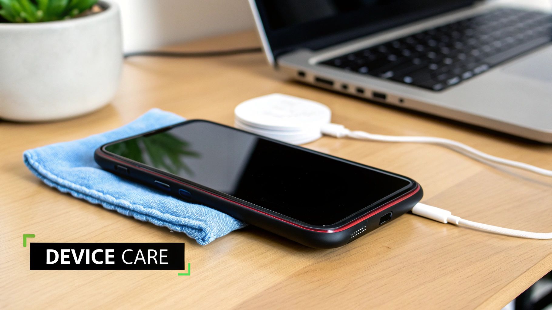 A close-up shot of a person carefully cleaning a smartphone's charging port with a small brush.