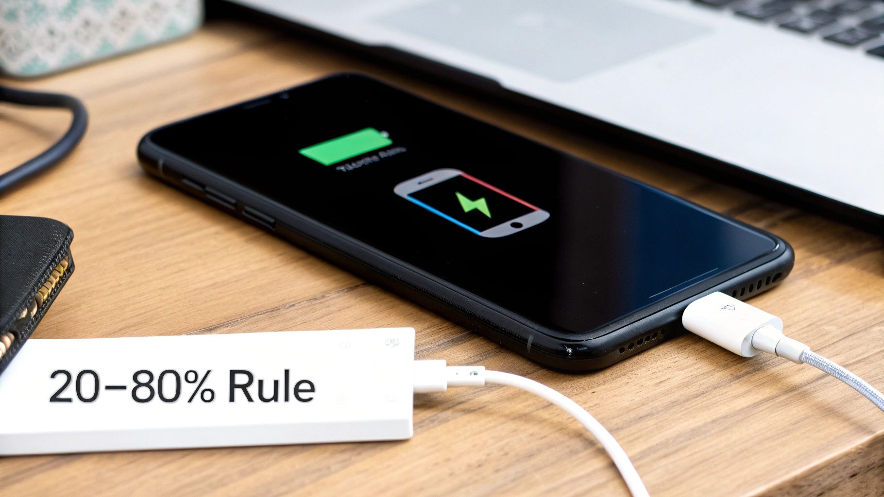 A person unplugging their smartphone from a charger, with a green battery icon on the screen.