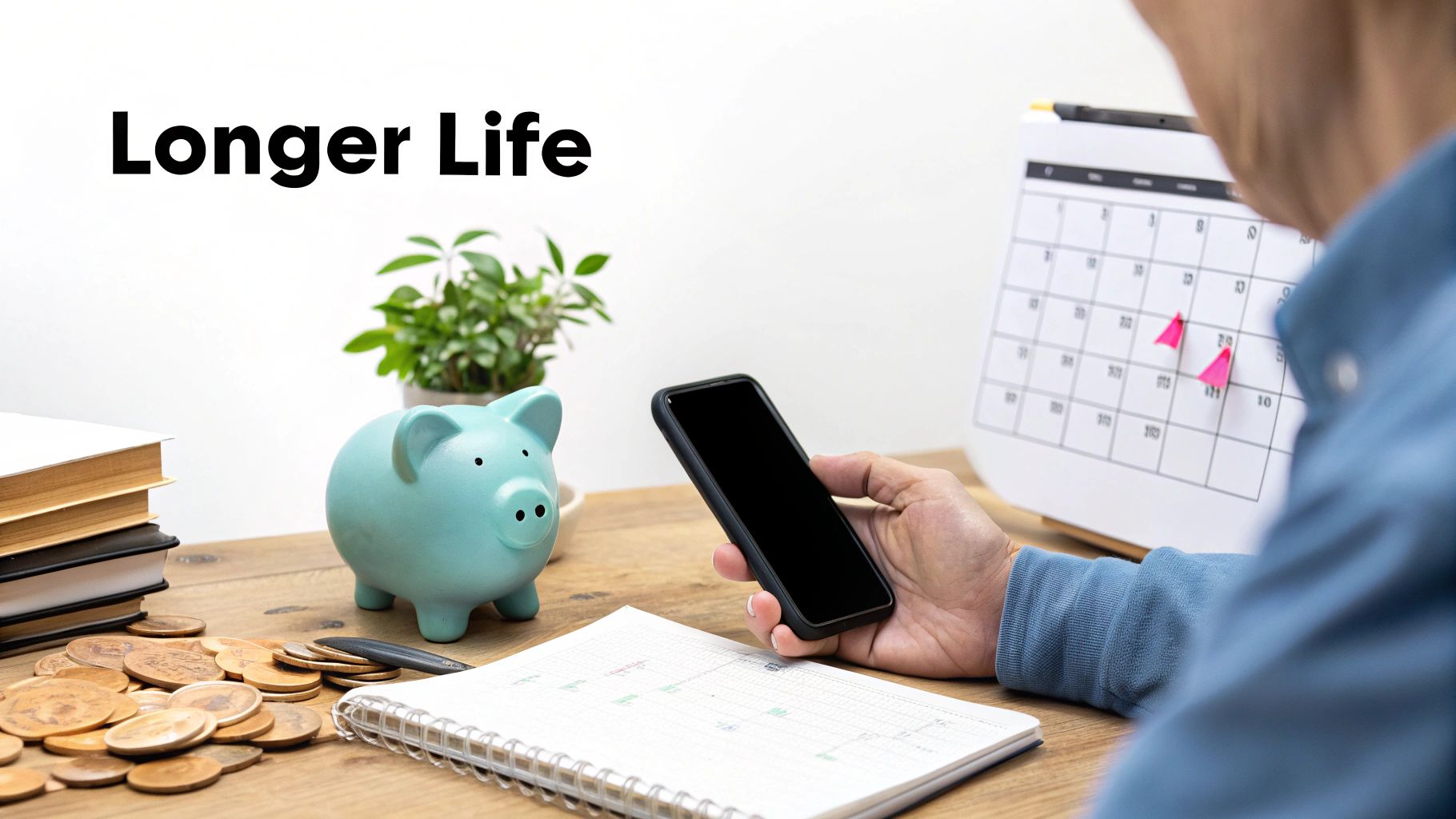 A person smiling while using their smartphone, with a green battery icon in the background indicating good battery health.