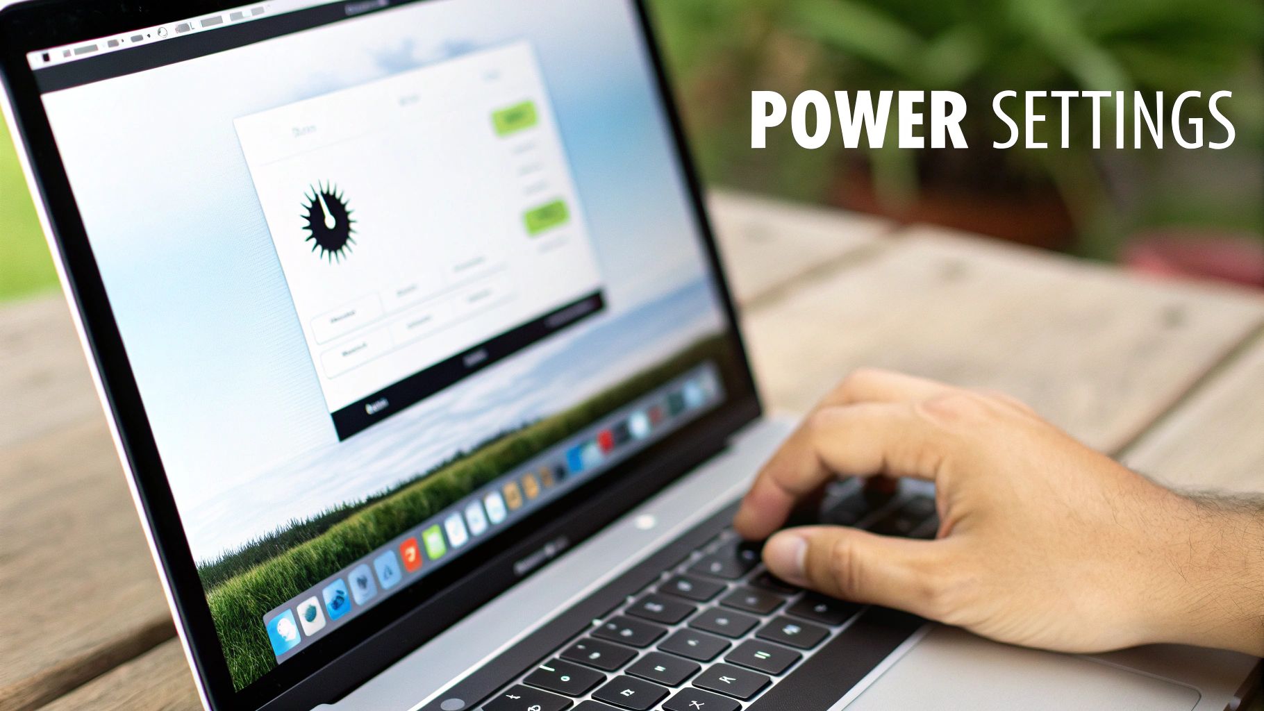 An illustration showing a laptop with various power setting icons like brightness, battery saver, and processor speed floating around it.