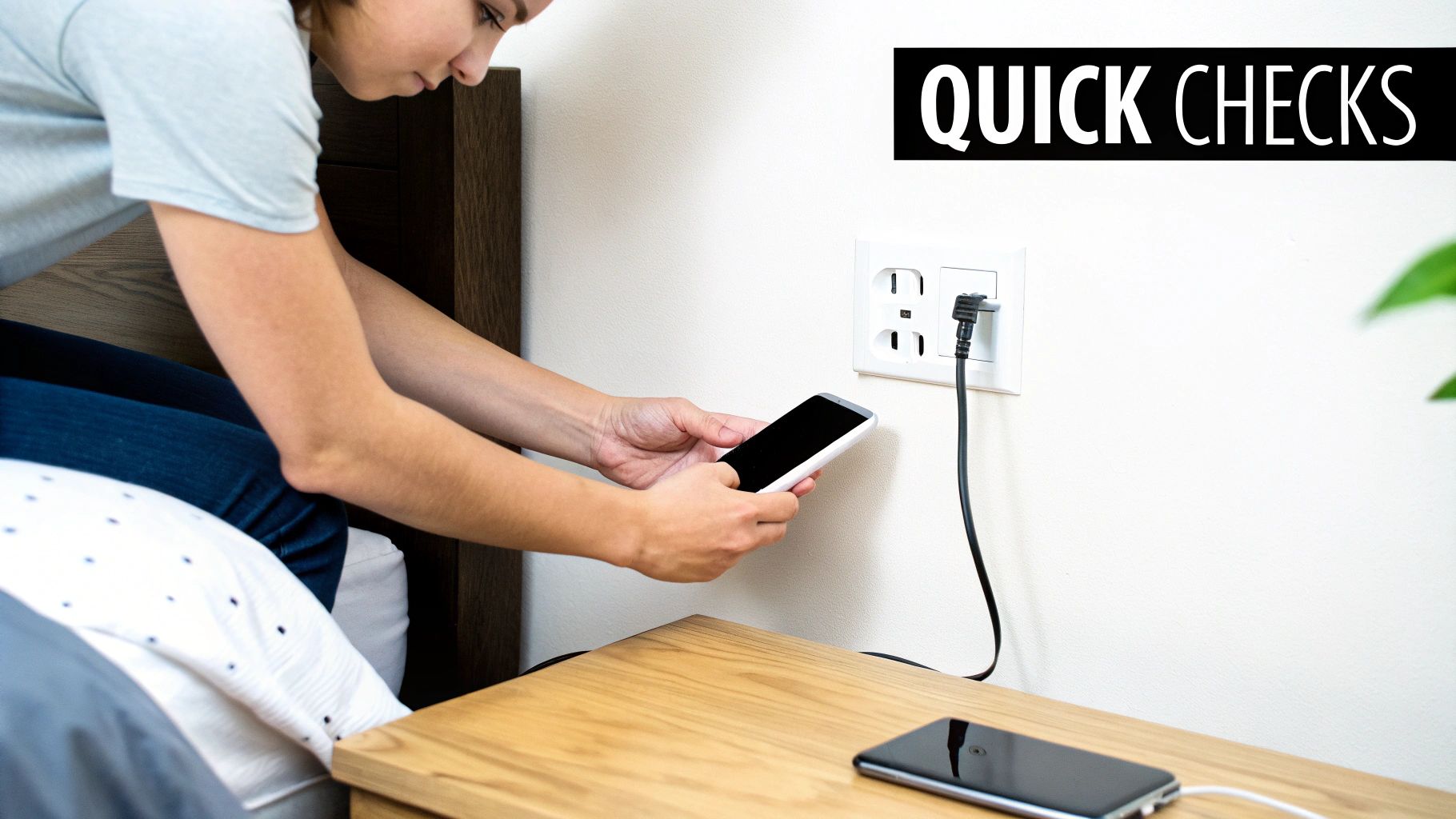 A person inspecting a USB charging cable and power adapter.