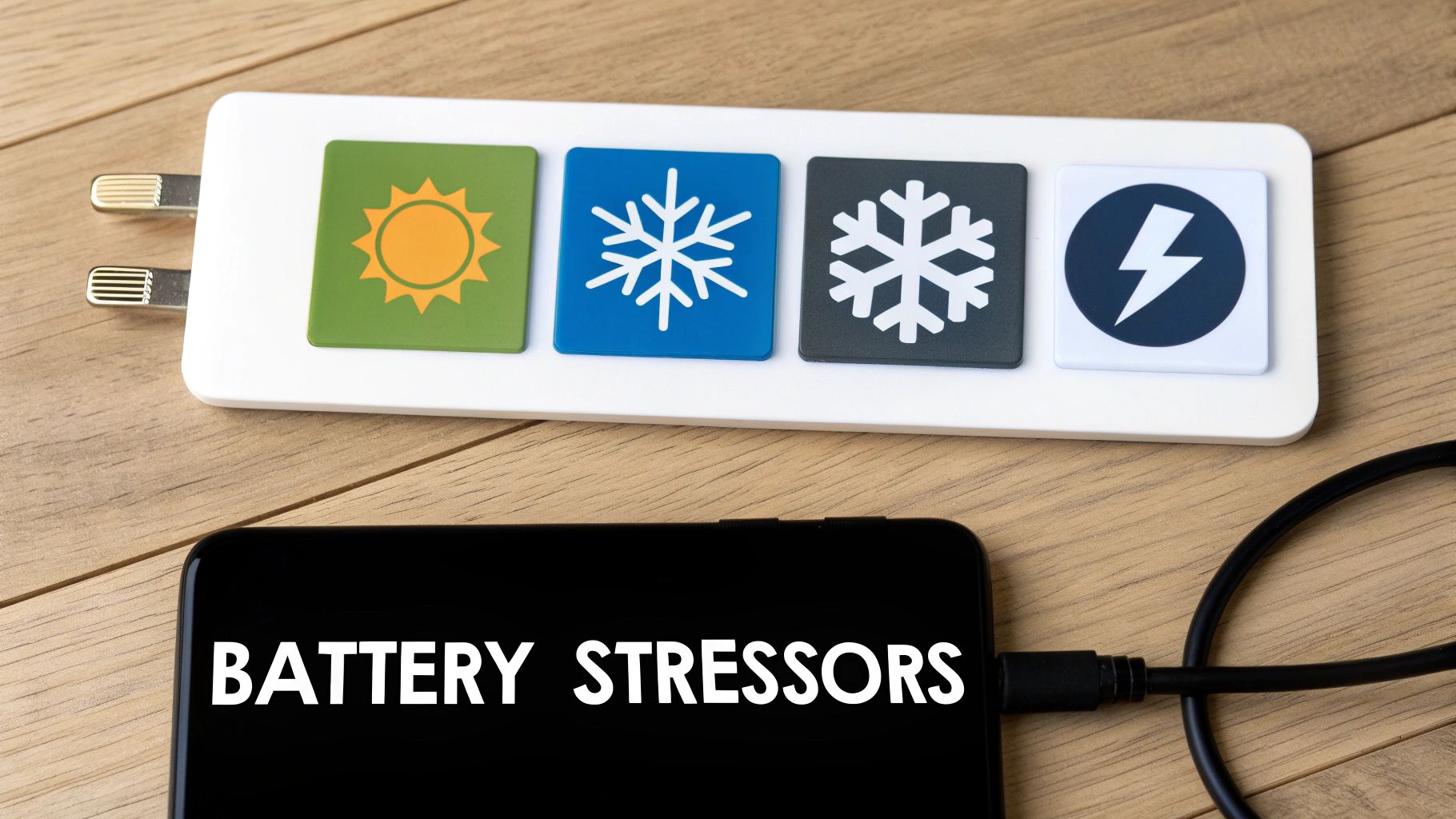 A person holding a smartphone that is plugged into a charger, with a concerned expression.