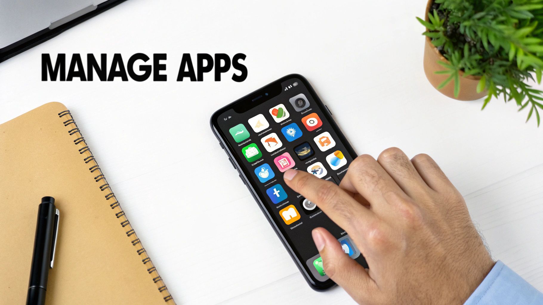 A grid of colorful app icons on a smartphone screen, with a magnifying glass hovering over them, suggesting analysis and management.