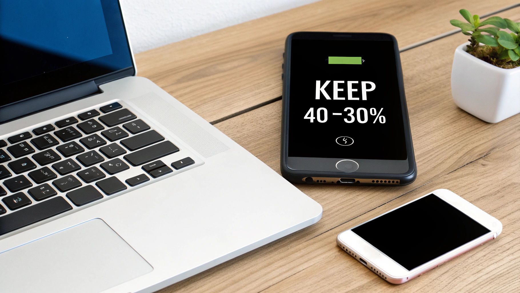 A smartphone charging on a wireless pad next to a laptop, both showing healthy battery levels.