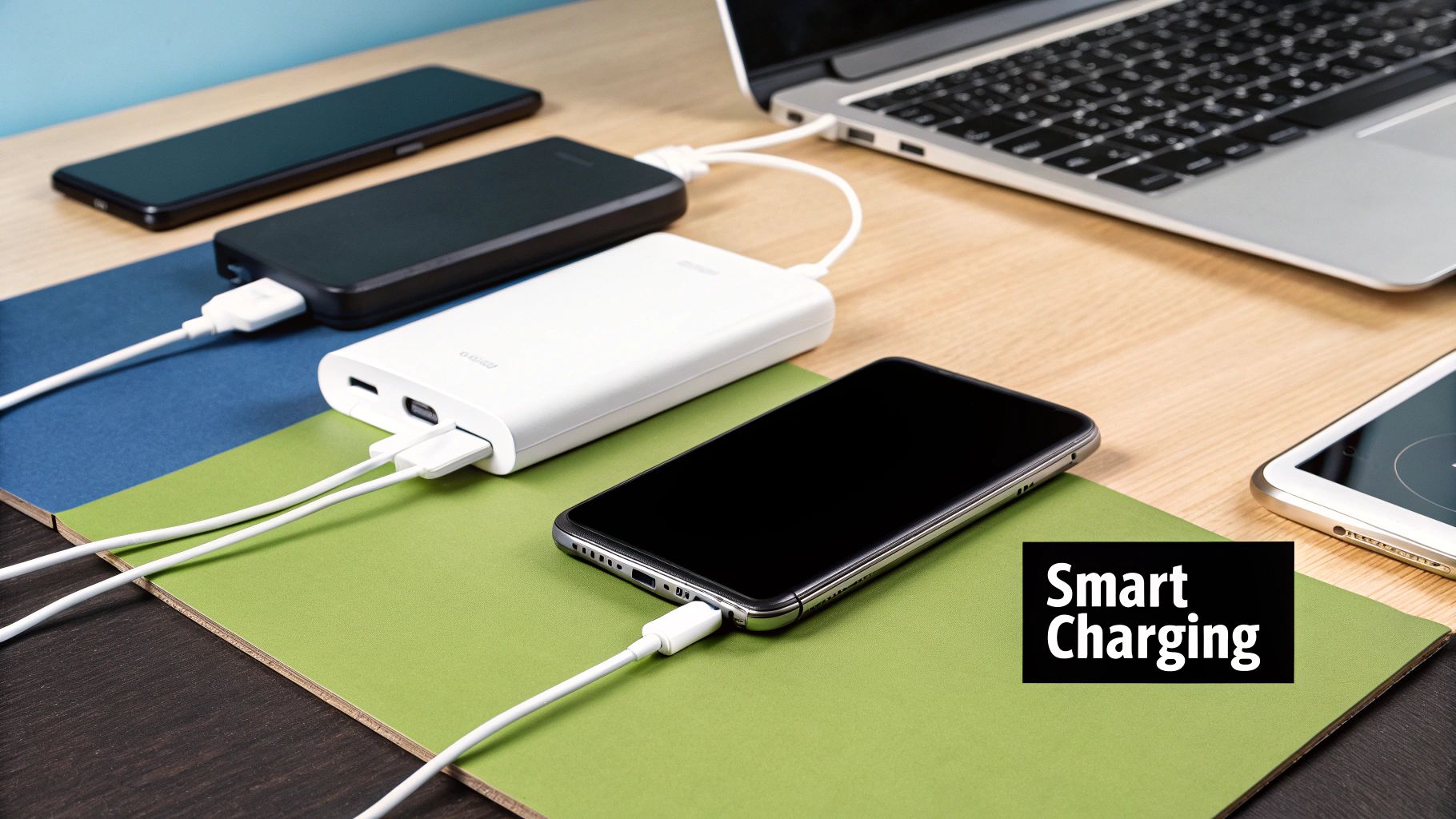 A person connecting a charging cable to a power bank.