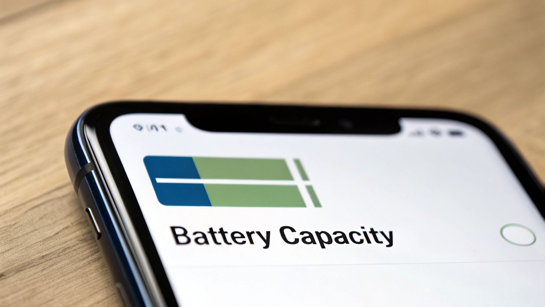 A close-up view of a smartphone battery with a charging icon.