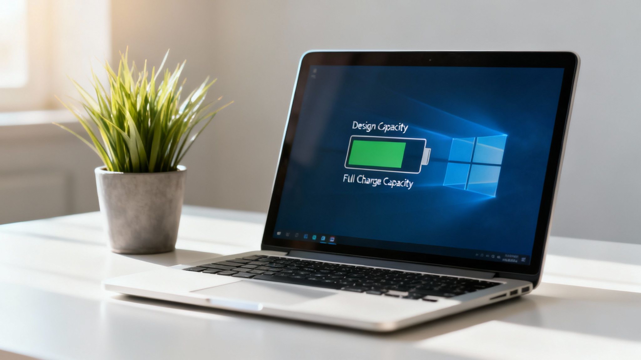 Laptop on a desk displaying Windows battery health status next to a small green plant.