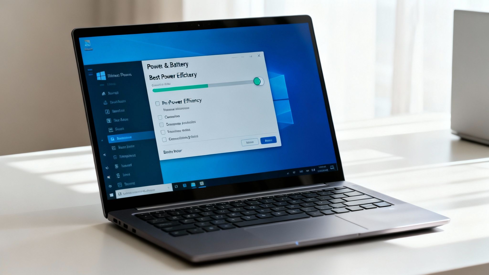 Laptop screen displaying Windows Power & Battery settings for optimizing power efficiency and battery health.