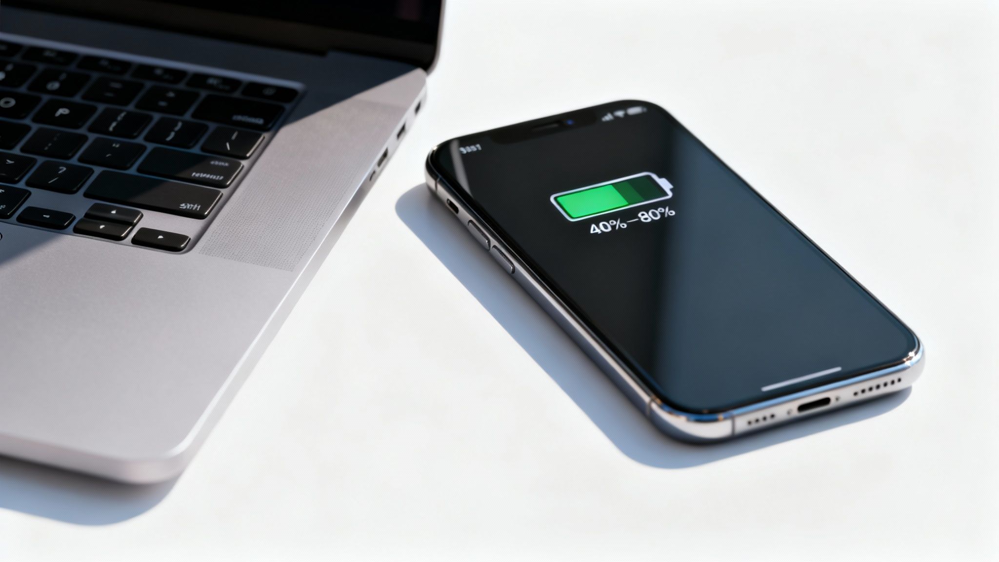 A smartphone displaying 40-80% battery charge sits next to a laptop on a white surface.