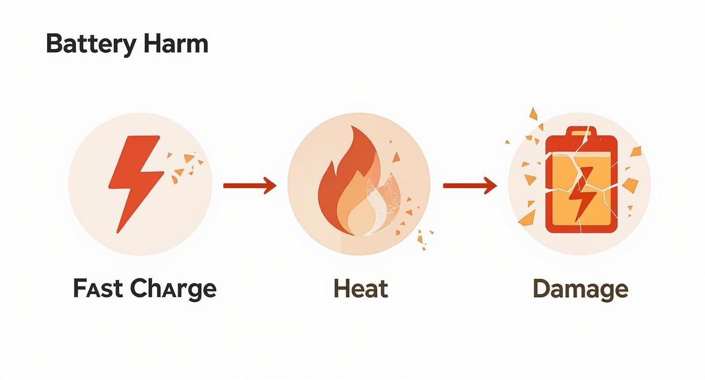 An infographic illustrating how fast charging can lead to battery overheating and damage.
