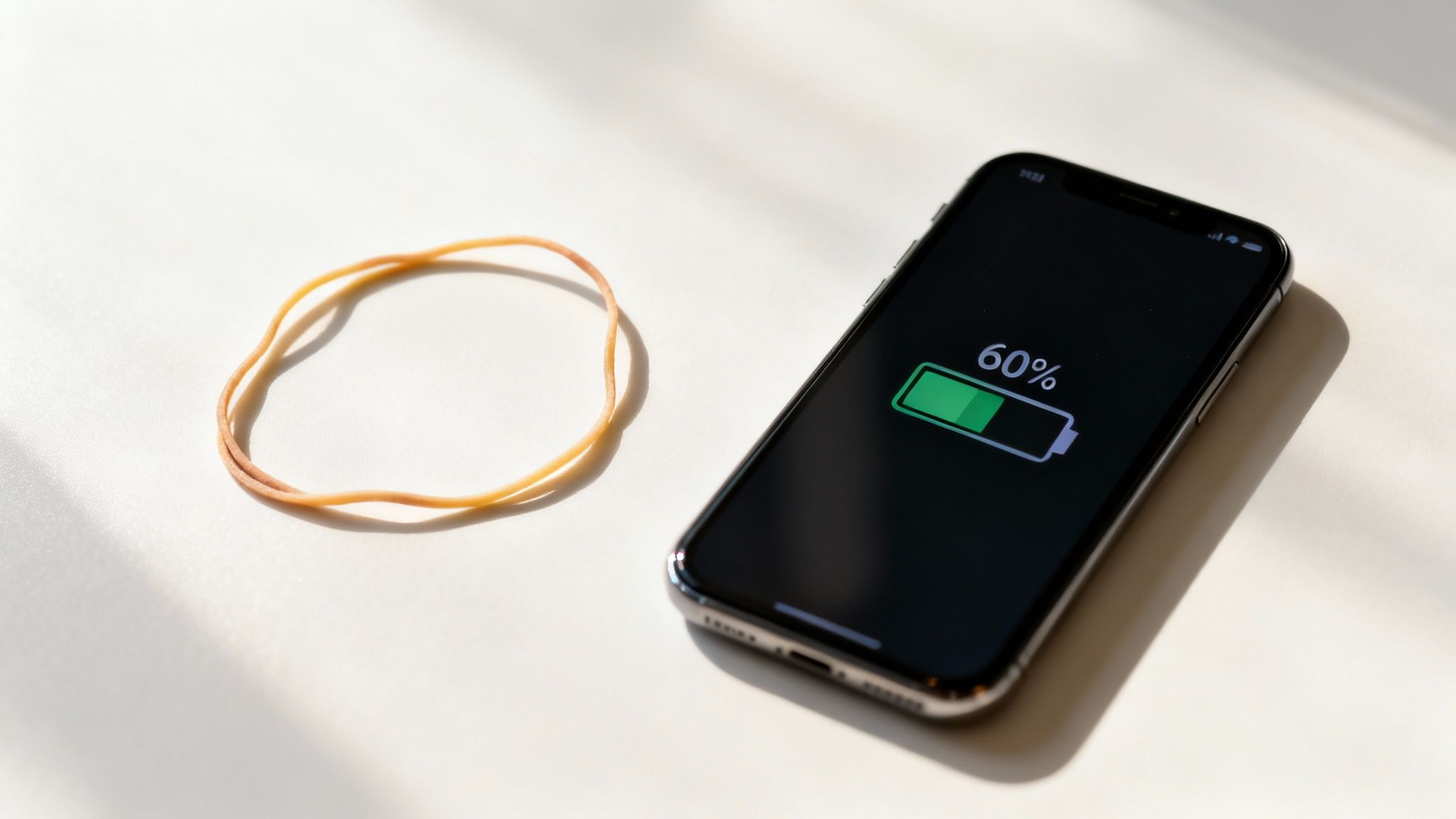 A smartphone displaying 60% battery charge next to a rubber band on a white surface.