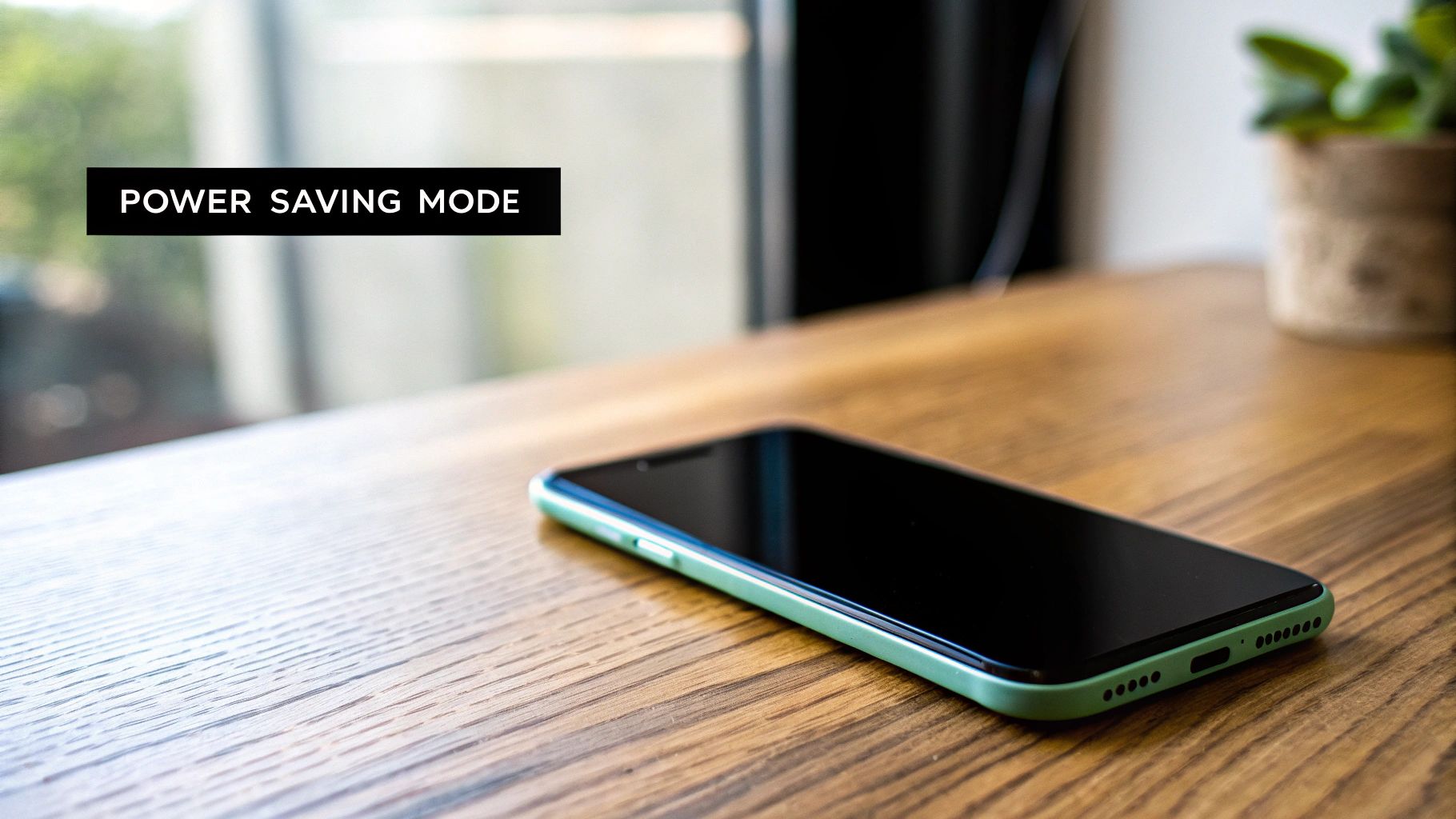 A smartphone displaying a low battery icon with a power-saving symbol, set against a simple, clean background.