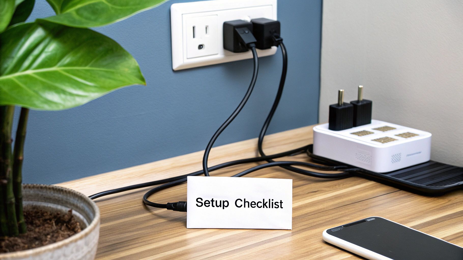A clean desk setup with smart plugs in a wall outlet, a multi-port charging station, and a plant.