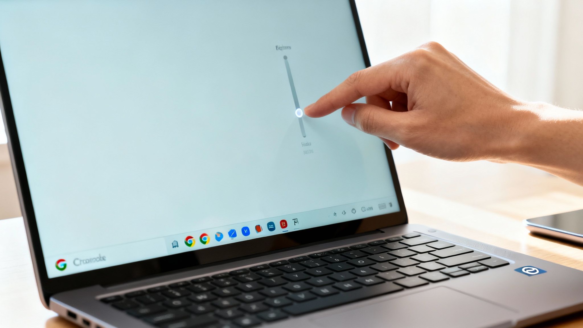 Close-up of a hand adjusting screen brightness on a silver Chromebook laptop.