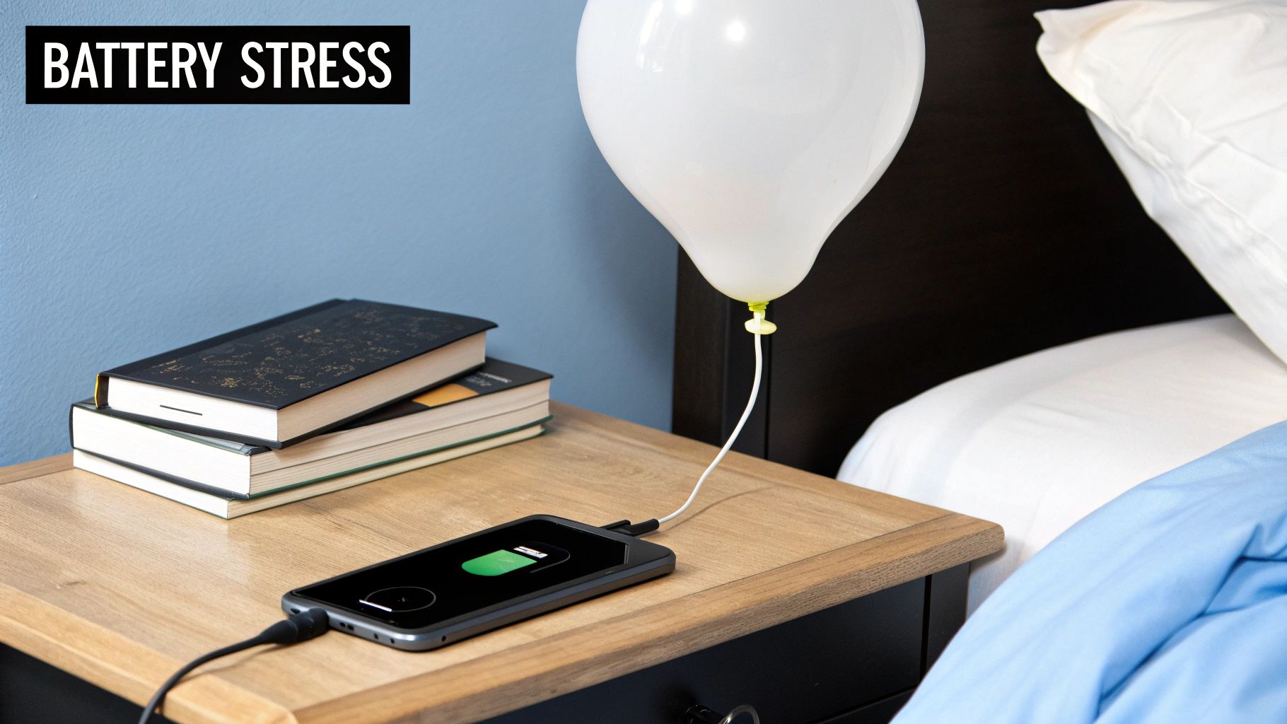 A smartphone connected to a charger with a battery icon displayed on the screen.