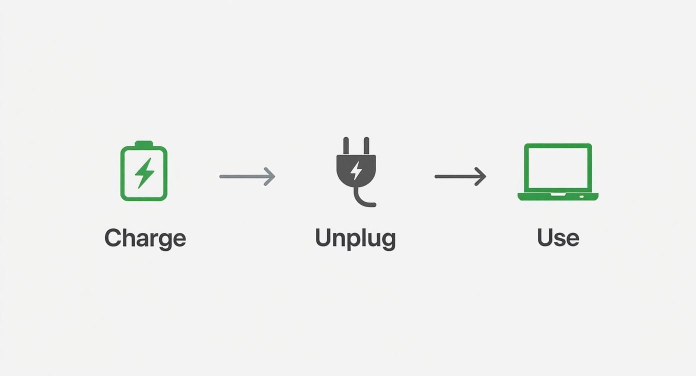 A diagram illustrating the steps: charge a battery, unplug the power, and then use a laptop.