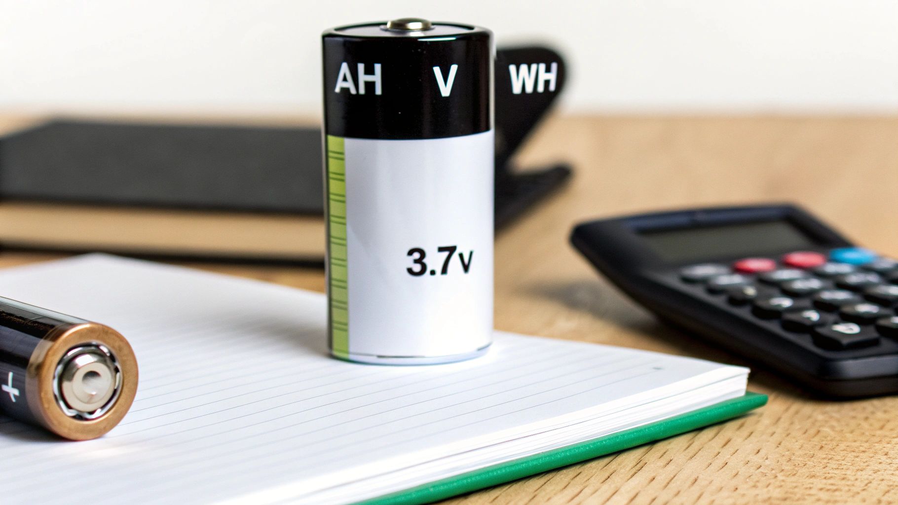 A diagram showing the relationship between Watt-hours, Amp-hours, and Voltage, with simple icons for each.