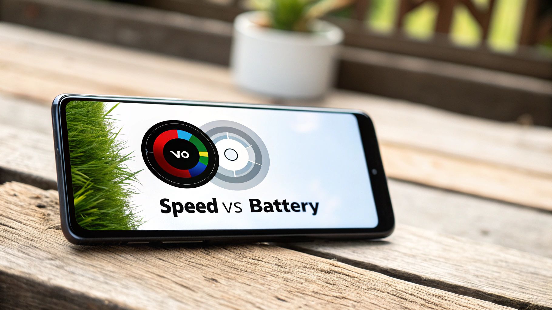 A smartphone displaying a settings screen with battery-saving options, emphasizing the balance between performance and battery life.