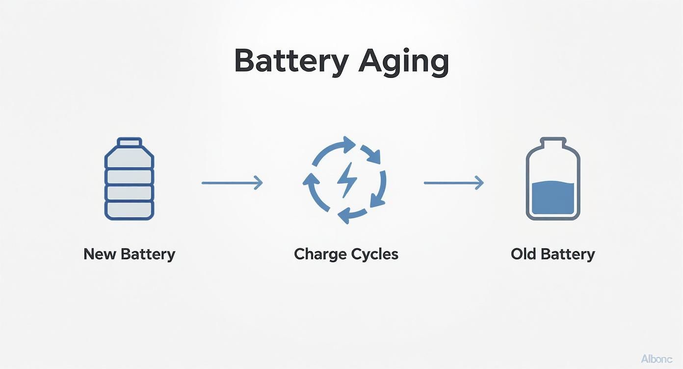 Diagram illustrating battery aging, showing a new battery undergoing charge cycles to become an old battery with reduced capacity.