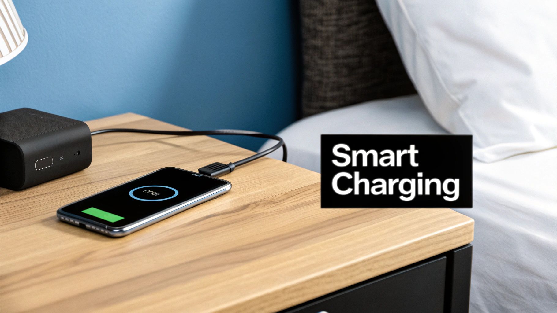 A smartphone charging on a wooden nightstand next to a smart speaker, illustrating smart charging technology.