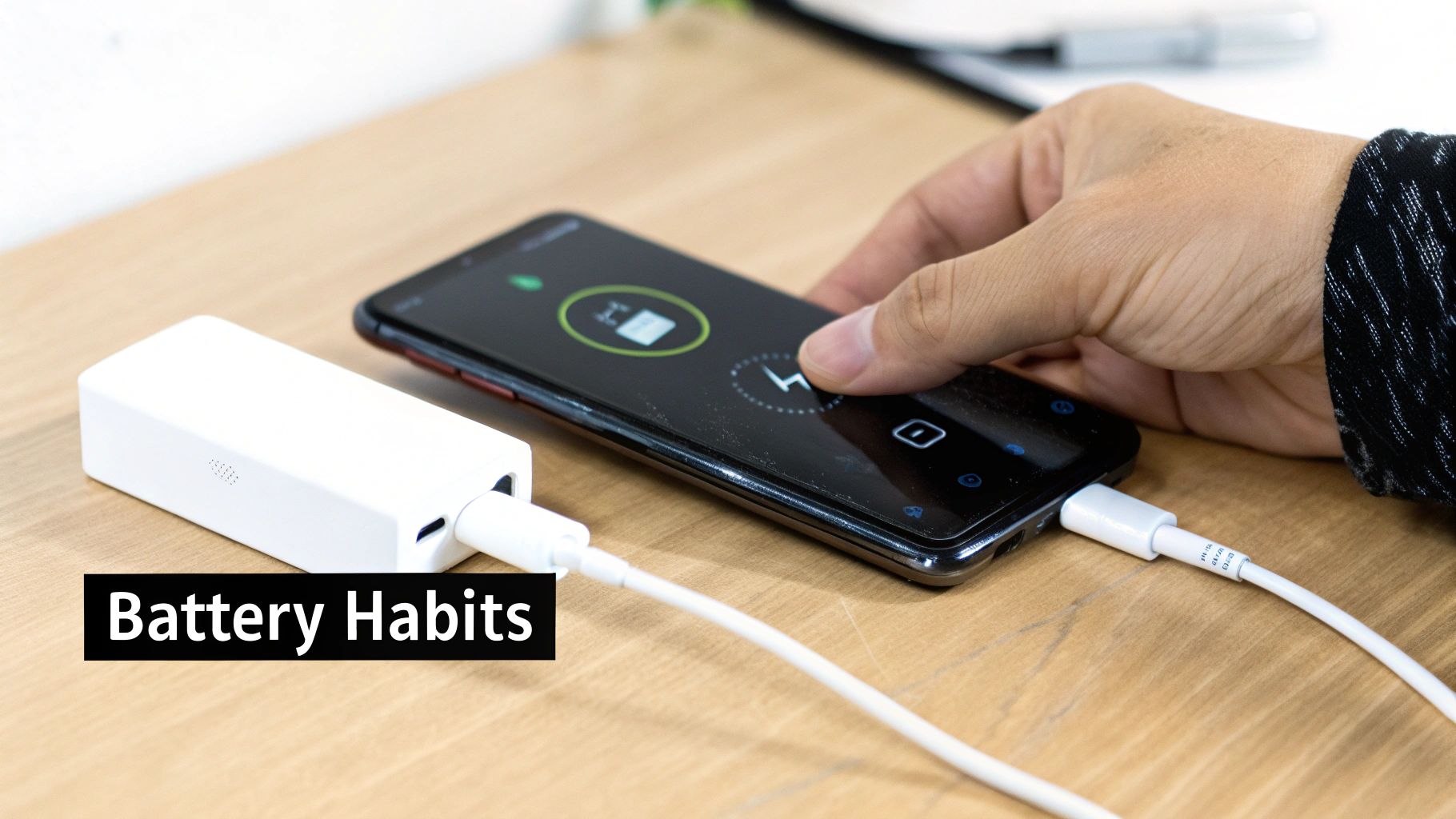 Person placing smartphone on wireless charging pad with power bank and cable on wooden desk