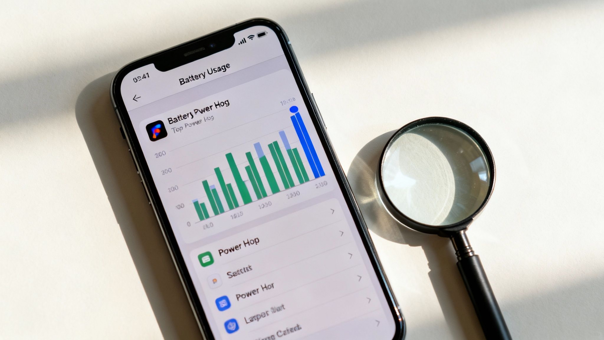 An iPhone displaying battery usage statistics with a graph and app list, beside a magnifying glass.