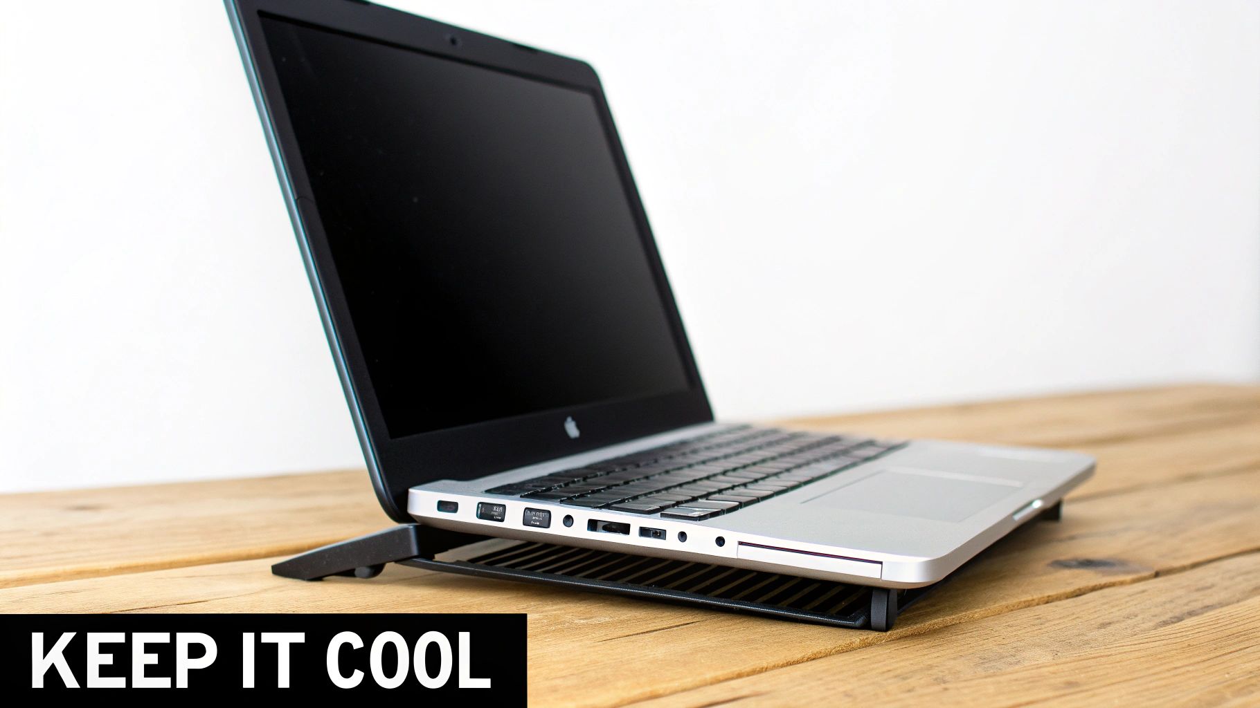 A silver laptop on a black cooling stand rests on a wooden desk, with the text "KEEP IT COOL" at the bottom.