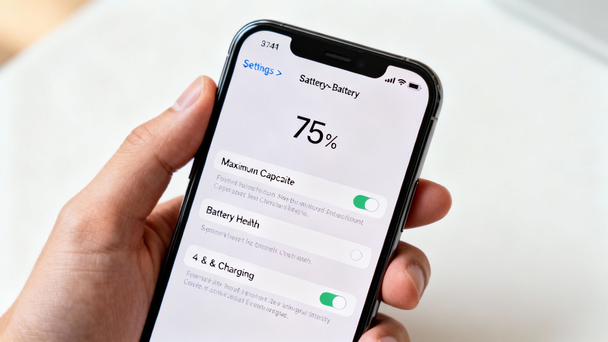 A hand holding an iPhone displaying its battery settings with 75% charge and options.