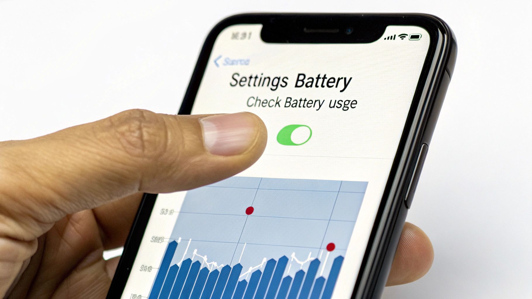 Close-up of a hand touching an iPhone screen displaying battery settings and a usage graph.