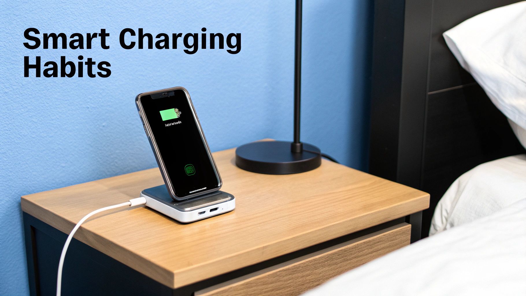 A smartphone charges on a white dock on a wooden nightstand in a bedroom, promoting smart charging habits.