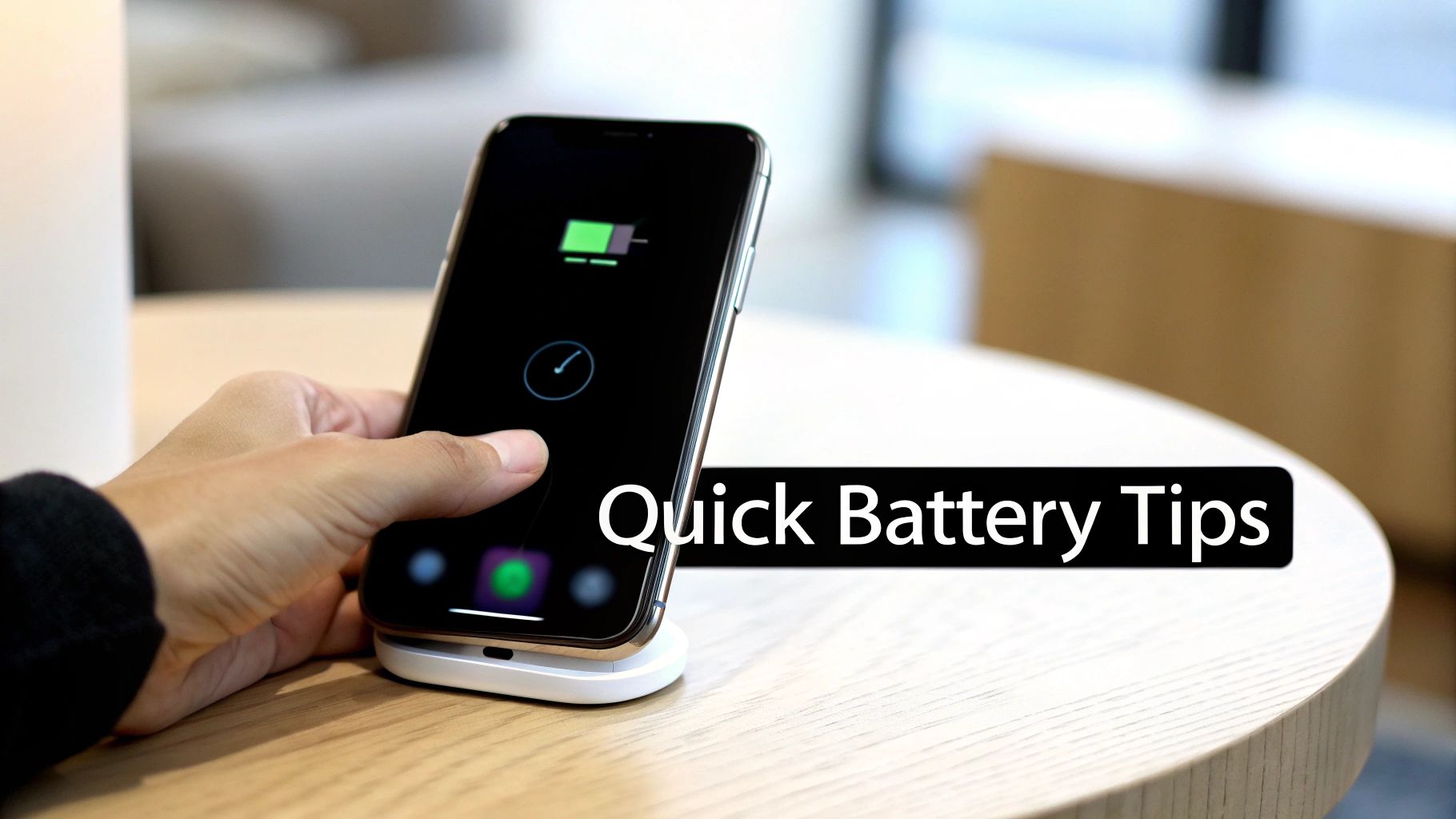 A hand holds an iPhone wirelessly charging on a stand, displaying 'Quick Battery Tips' text.