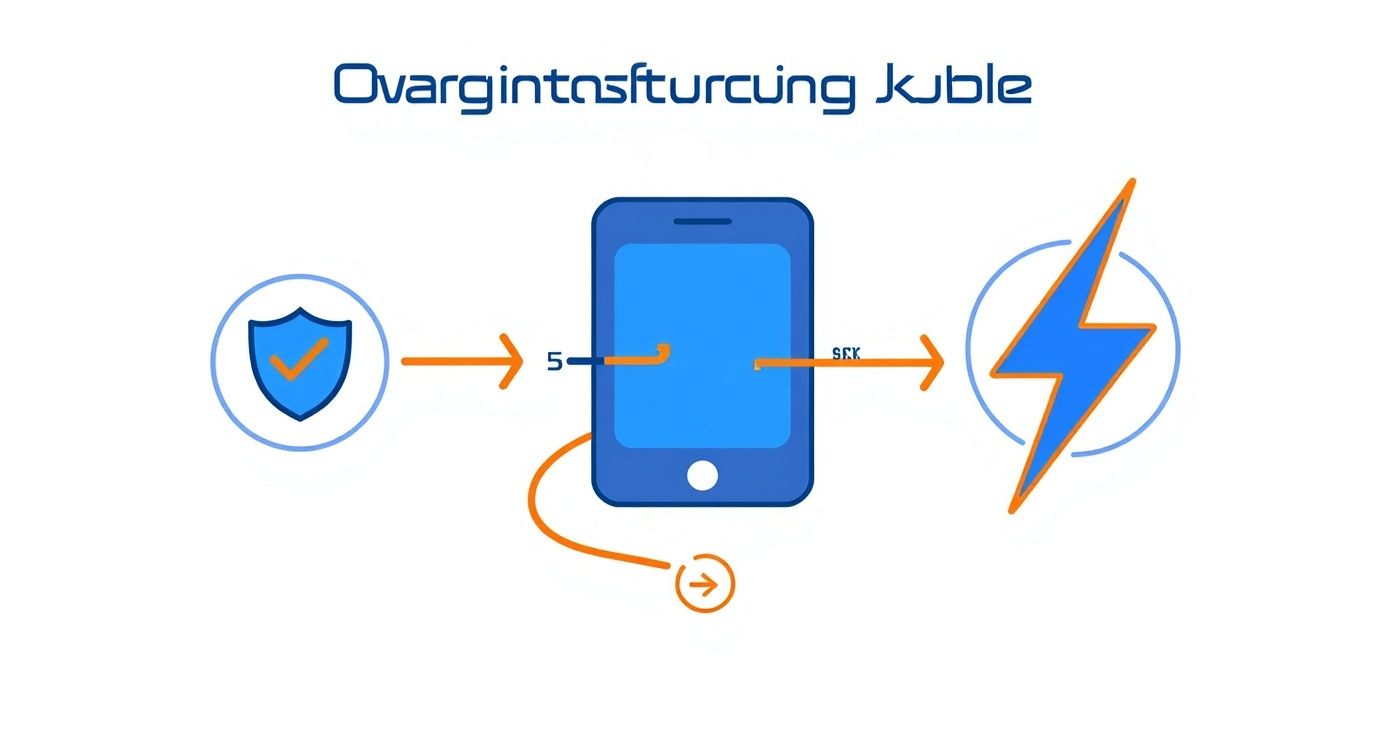 A conceptual diagram depicting a secure shield icon connected to a smartphone, which then connects to a lightning bolt icon, symbolizing secure charging.