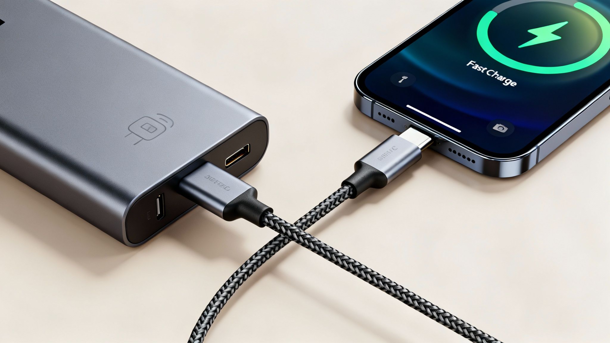 A modern smartphone is connected to a sleek grey power bank via a braided USB-C cable, displaying 'Fast Charge'.