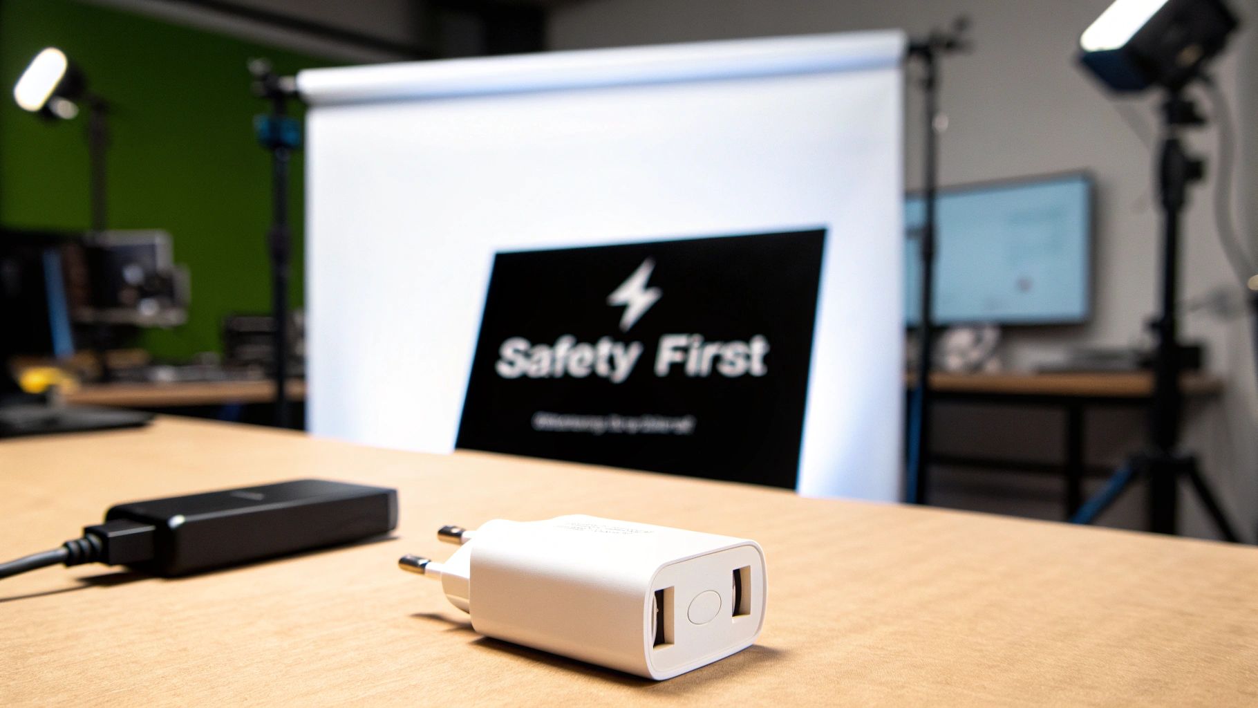 White USB charging adapter with dual ports on desk with safety first presentation screen background