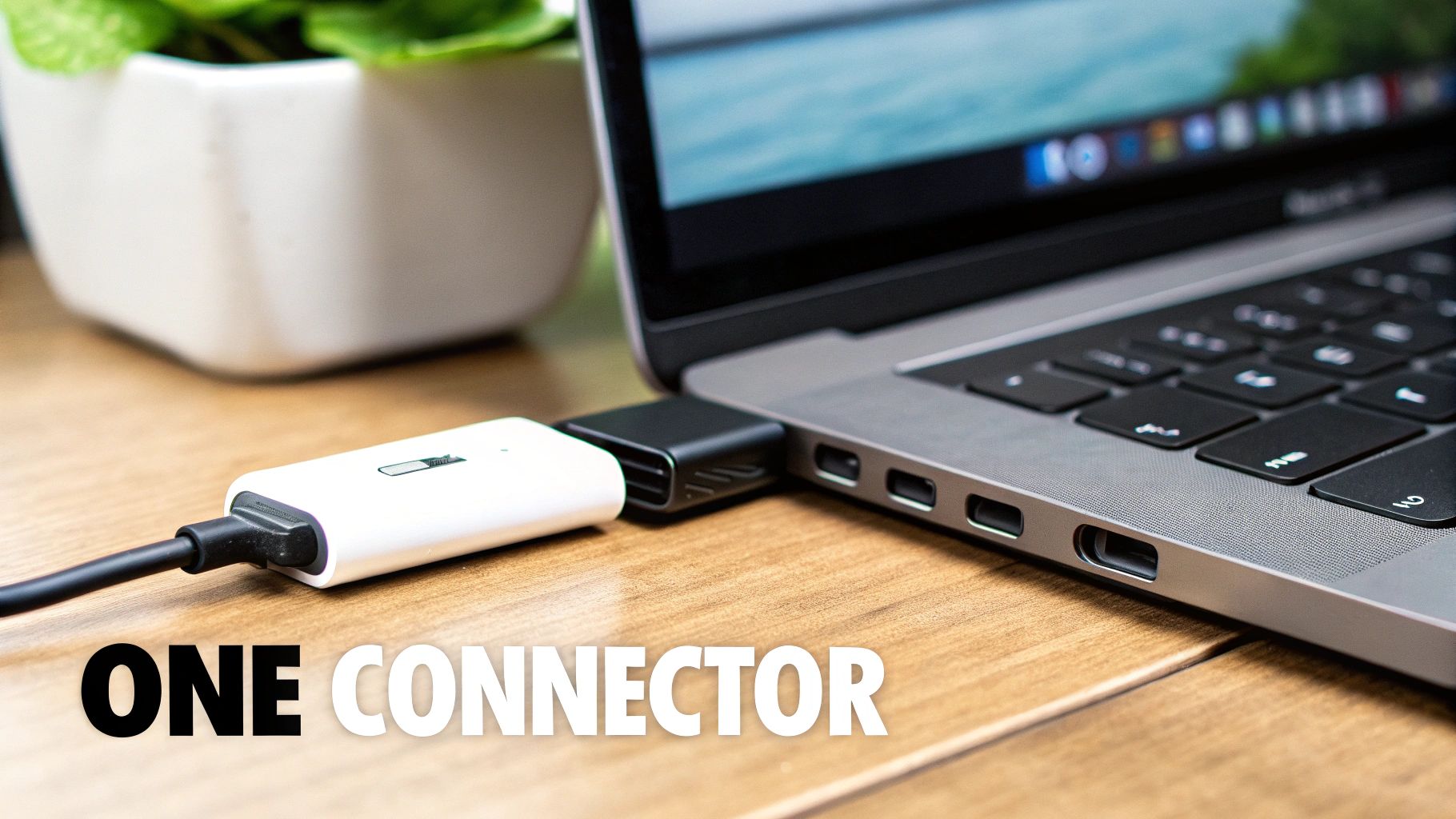 White USB-C hub adapter connected to laptop with multiple ports on wooden desk