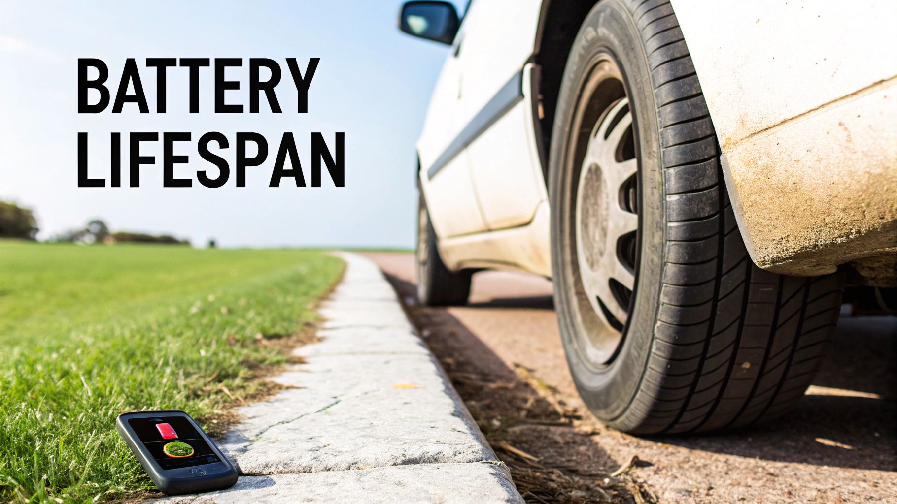 Electric vehicle with depleted smartphone battery on road illustrating battery lifespan concerns