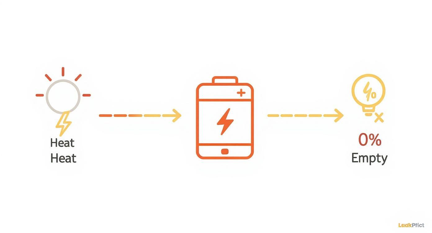 Diagram illustrates heat energy affecting a battery, leading to a 0% empty and discharged state.