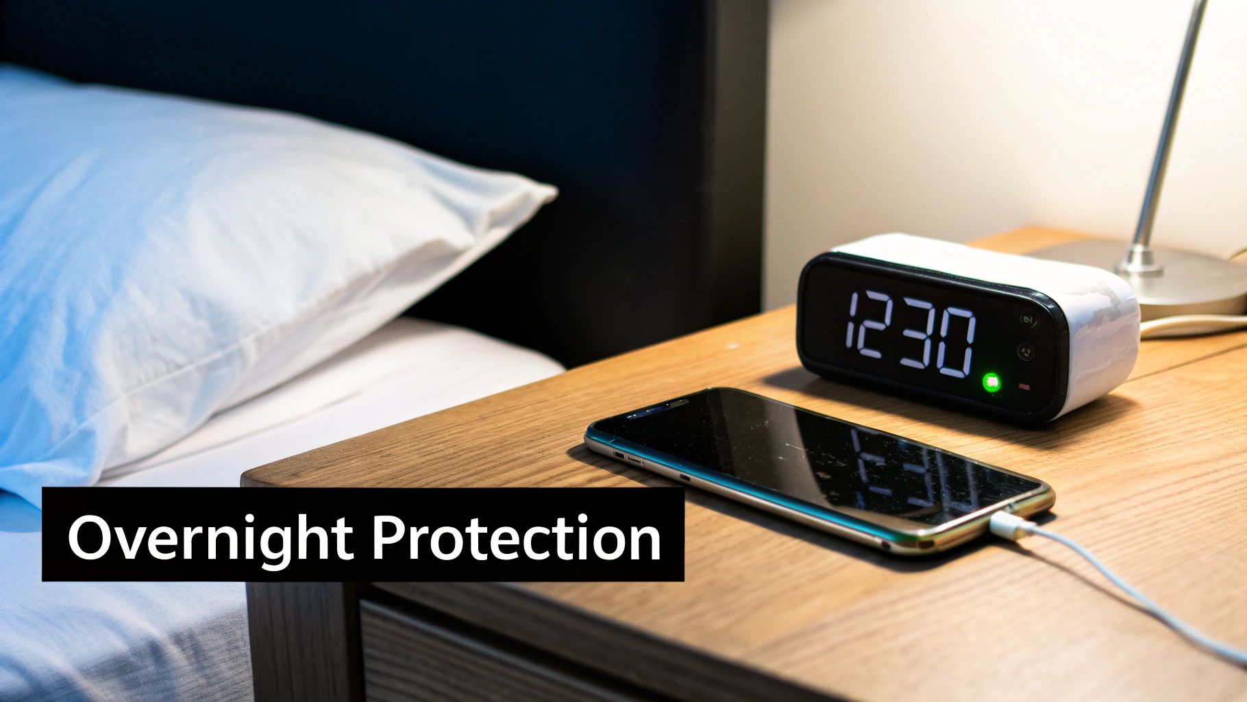 A bedside table with a digital clock showing 12:30, a smartphone charging, and a white pillow.