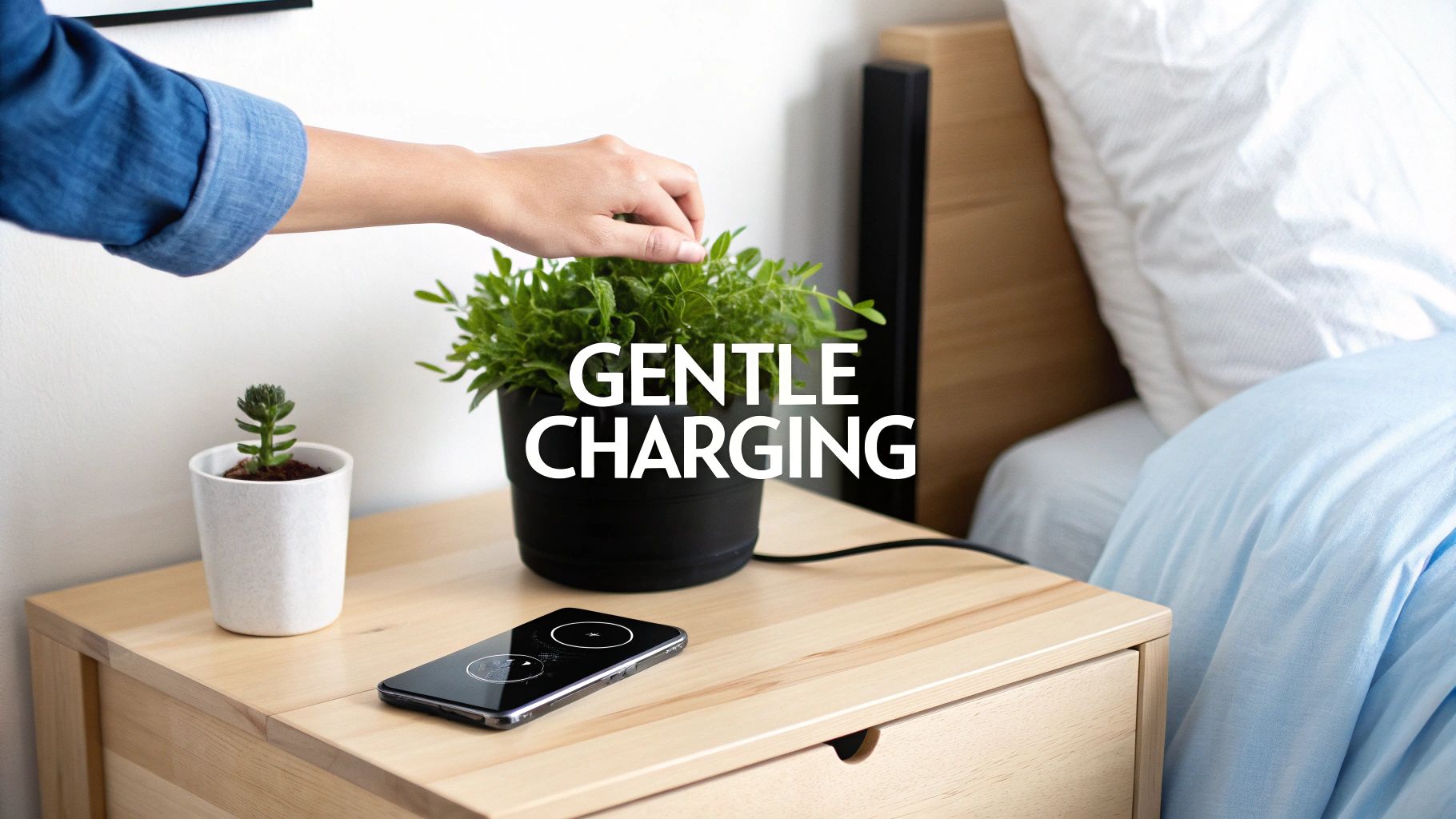 A person touches a plant while a smartphone wirelessly charges on a bedside table, promoting gentle charging.