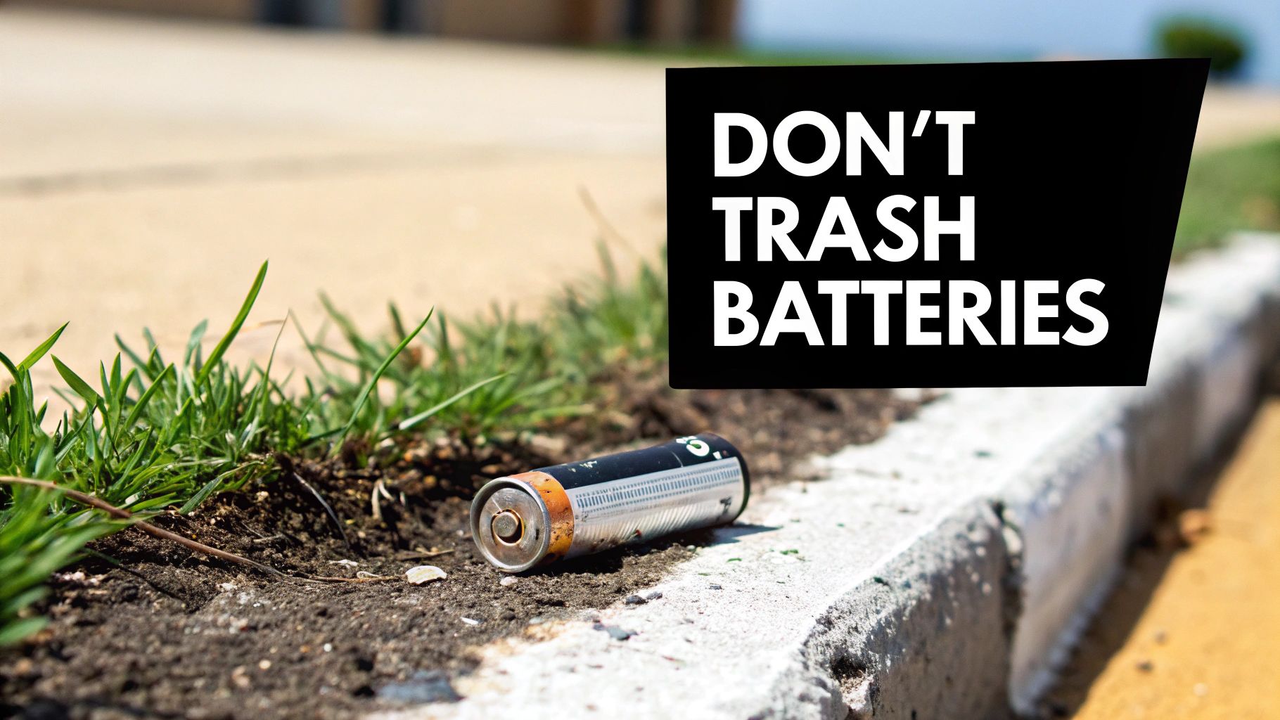 Used battery lying on concrete sidewalk next to grass with don't trash batteries sign