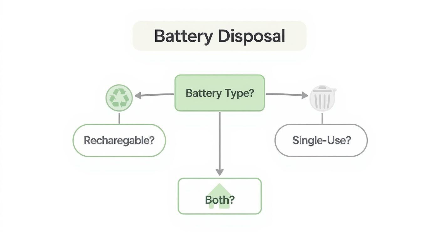Battery disposal flowchart showing decision tree for rechargeable, single-use, or both battery types recycling